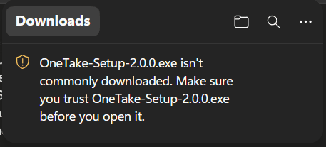 Edge downloads panel showing the "isn't commonly downloaded" warning for OneTake-Setup-2.0.0.exe