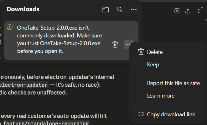 The download's three-dots menu open, with Keep highlighted among Delete, Report and Copy options