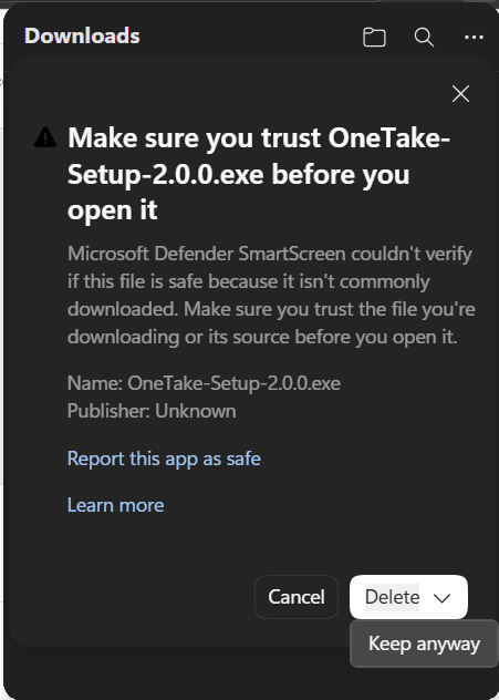 The Delete button dropdown expanded, revealing the "Keep anyway" option