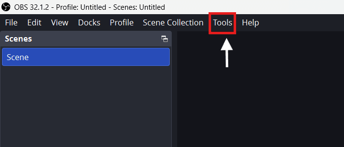OBS Studio menu bar with the Tools menu highlighted