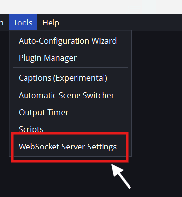 OBS Tools menu open with WebSocket Server Settings highlighted
