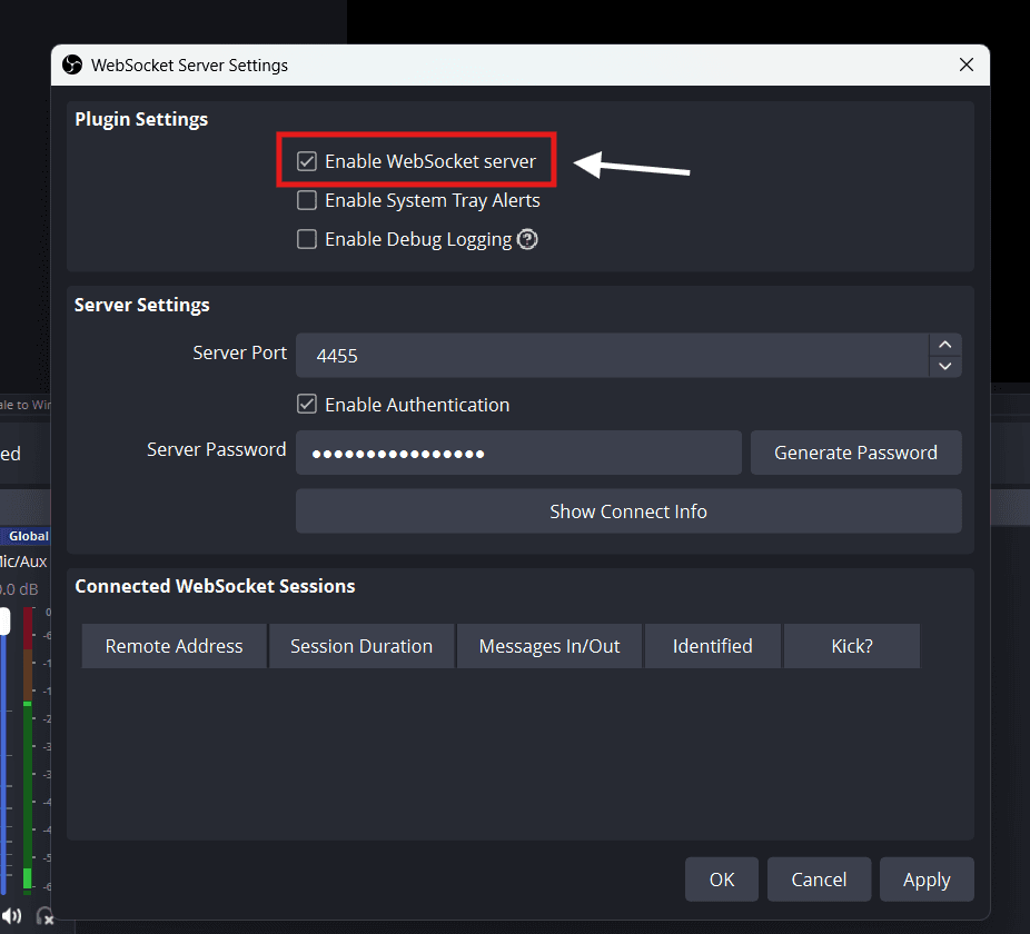 OBS WebSocket Server Settings dialog with the Enable WebSocket server checkbox ticked