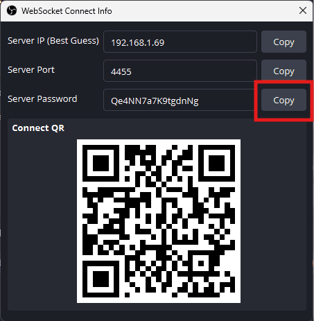 OBS WebSocket connect info panel with the server password field and copy control