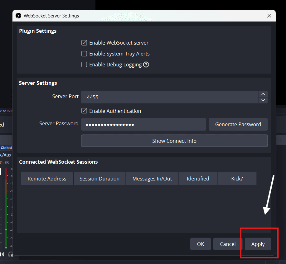 OBS WebSocket Server Settings dialog with the Apply button highlighted